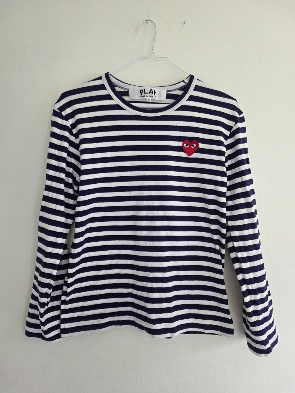 Comme des Garçons Authentic PLAY Navy White Striped Long Sleeve Heart Tee Size S